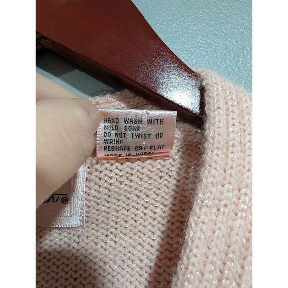 Vintage Jaclyn Smith Faux Wrap Sweater Pink Shoulder Pads White Lace Pearls Sz L - Picture 9 of 16